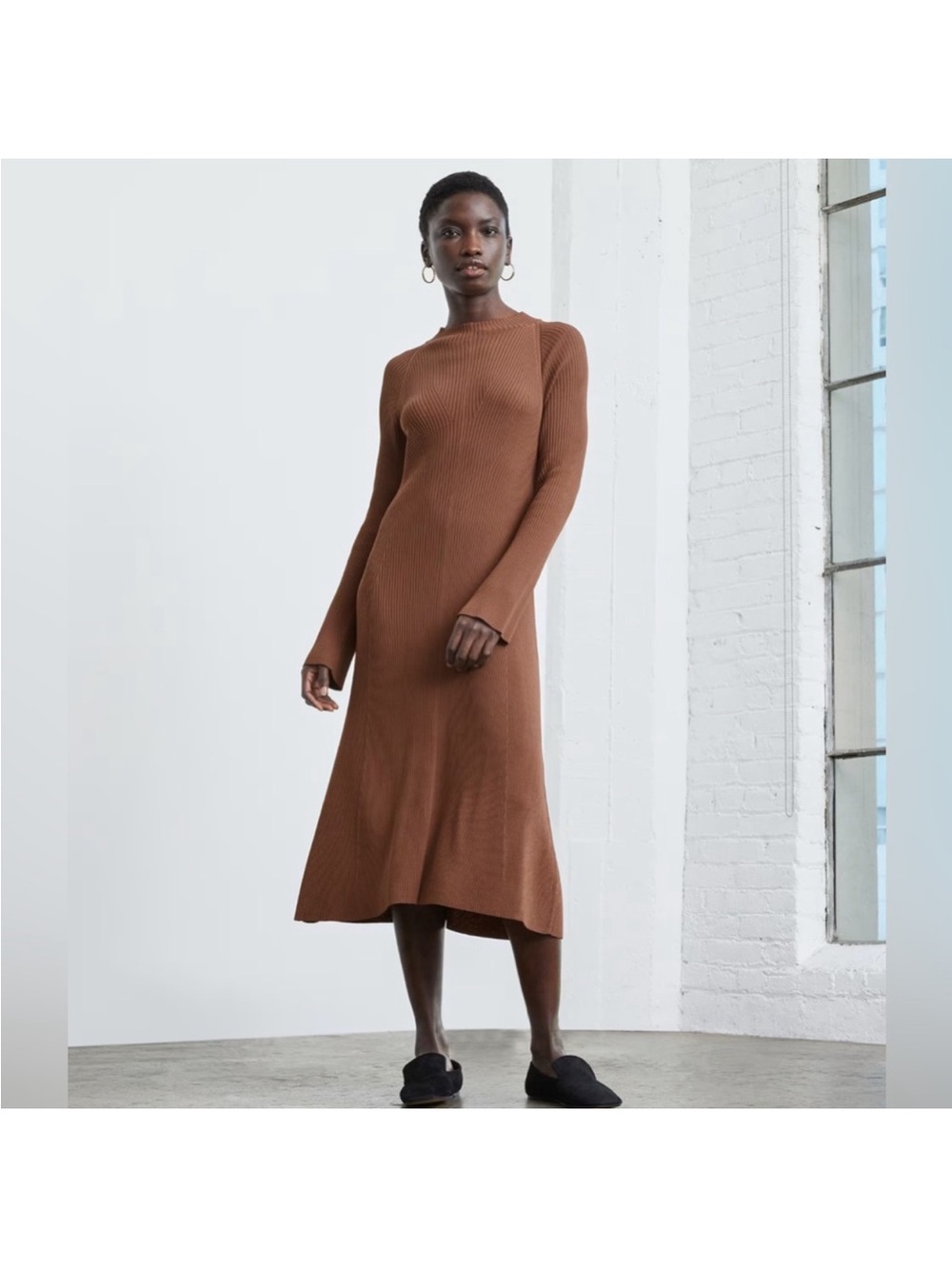 Everlane Ribbed Knit Long-Sleeve Midi Dress in Rust Brown size S